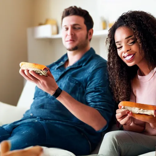 Prompt: a woman watching TV while a man Is eating a sandwich