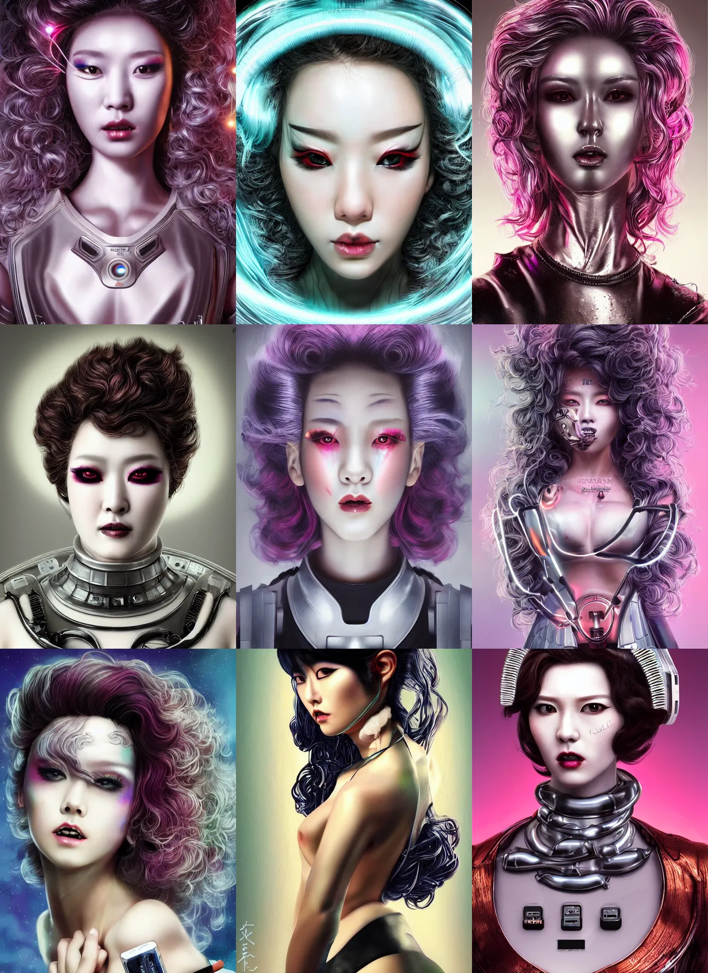 Prompt: korean roccoco evil sexy android portrait with sci - fi makeup, chromatic skin, silver curly hair, eighties look, retro, beautiful lights, charging plug in the chest, vintage look, depth of field, supe angry. hyper realistic, illustration, airbrush, 8 k, intricate, duo tone, art by david la chapelle and philip castle, artgerm