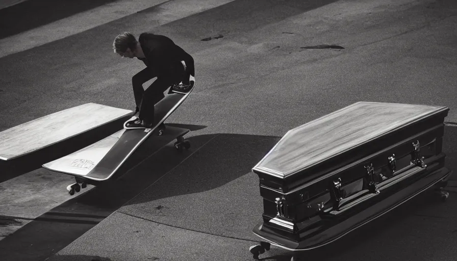 Image similar to man doing a sick trick on his skateboard on top of a open casket at a funeral, realistic photo, moody lighting, award winning photo, contrasting colors