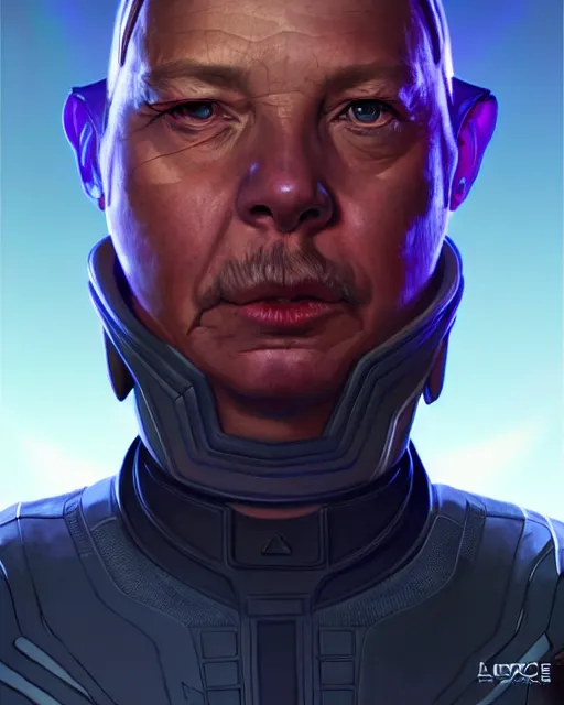 Image similar to starship captain as an apex legends character digital illustration portrait design by, wayne barlowe detailed, gorgeous lighting, wide angle action dynamic portrait