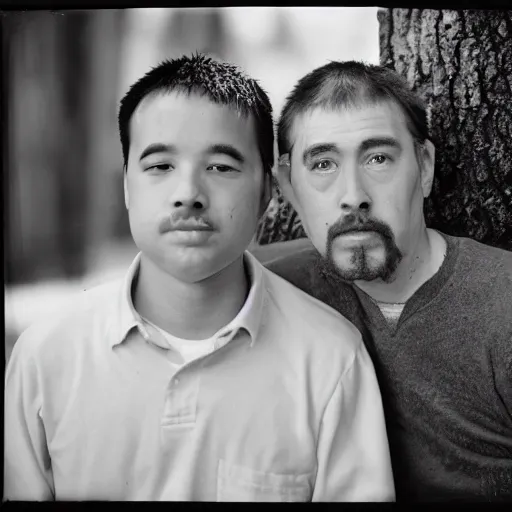 Prompt: A 4x5 portrait of two men, bokeh, depth of field, black & white, grainy, rule of thirds