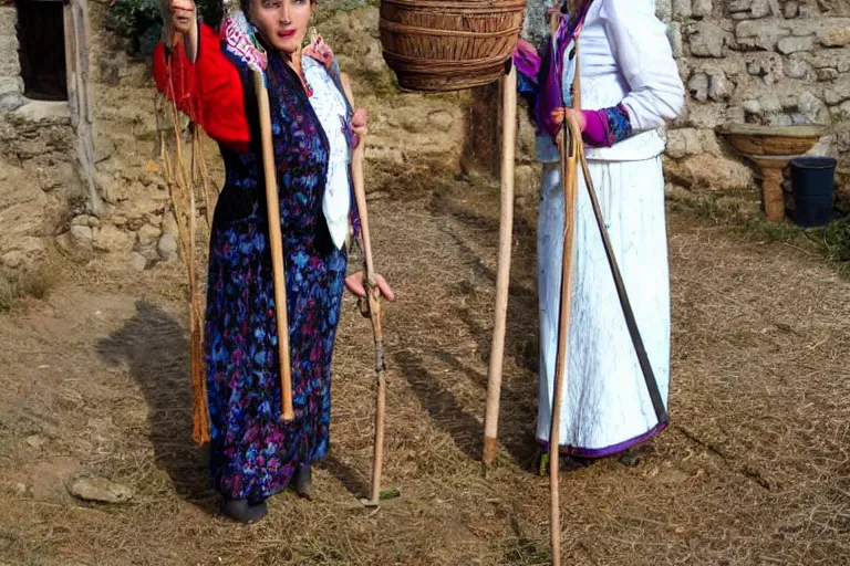 Image similar to romanian woman with scythe, drmatic ligthing, traditional romanian clothes