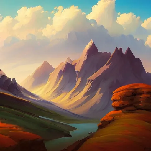 Image similar to a painting of a landscape with mountains and clouds, a matte painting by rhads, behance contest winner, fantasy art, 2 d game art, matte painting, concept art