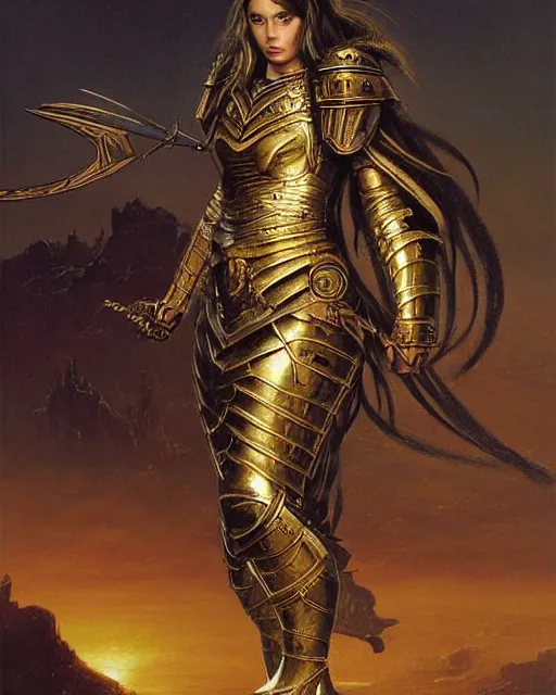 Prompt: beautiful female warrior, half body portrait, long flowing hair, heavy gold armour, realistic oil painting by thomas cole and wayne barlowe