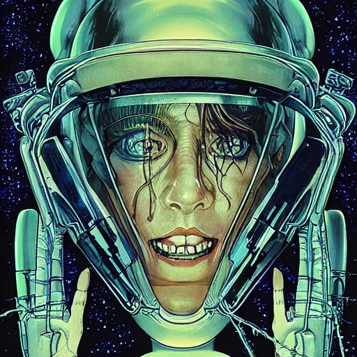 Prompt: portrait of crazy ellen ripley with aliens around, symmetrical, by yoichi hatakenaka, masamune shirow, josan gonzales and dan mumford, ayami kojima, takato yamamoto, barclay shaw, karol bak, yukito kishiro