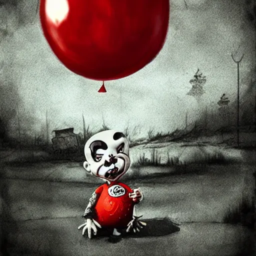 Prompt: grunge cartoon landscape sketch of chucky with a wide smile and a red balloon by - michal karcz, loony toons style, pennywise style, chucky style, horror theme, detailed, elegant, intricate