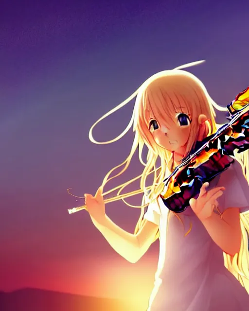 Prompt: anime style, creative, full body, a cute girl with white skin and golden long wavy hair holding a violin and playing a song, heavenly, stunning, realistic light and shadow effects, happy, centered, landscape shot, happy, simple background, studio ghibly makoto shinkai yuji yamaguchi