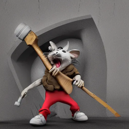 Prompt: graffiti art of a rat showing his teeth and holding a hammer in one hand and a sickle in the other hand. Highly detailed, octane Render, 4K