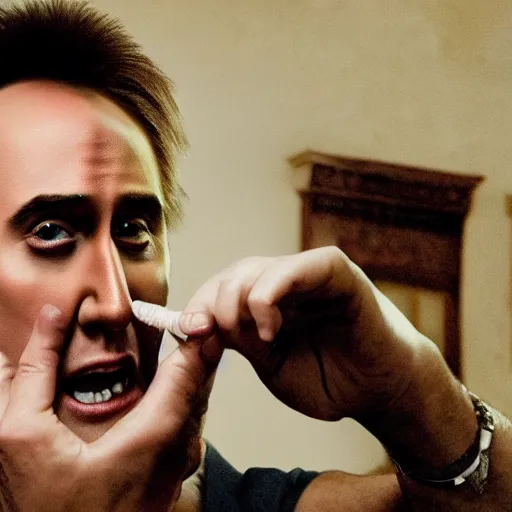 Prompt: portrait of nicolas cage eating his hand, highly detailed, professional photograph, dramatic lighting