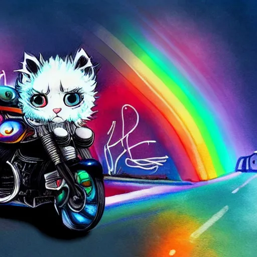 Image similar to wide angle full body, jacket wearing fluffy cute rainbow kitten wearing a black leather motorcycle jacket, riding on a motorcycle, cinematic concept art