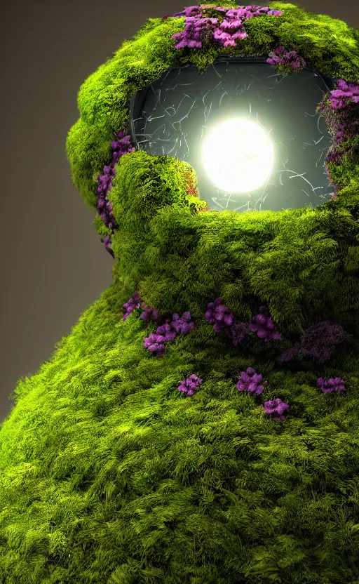 Image similar to the inside of a trash bag decorated with moss and flowers and illuminated by glowing orbs, octane render, abstract, unorthodox, 4k, desktop wallpaper, raytracing