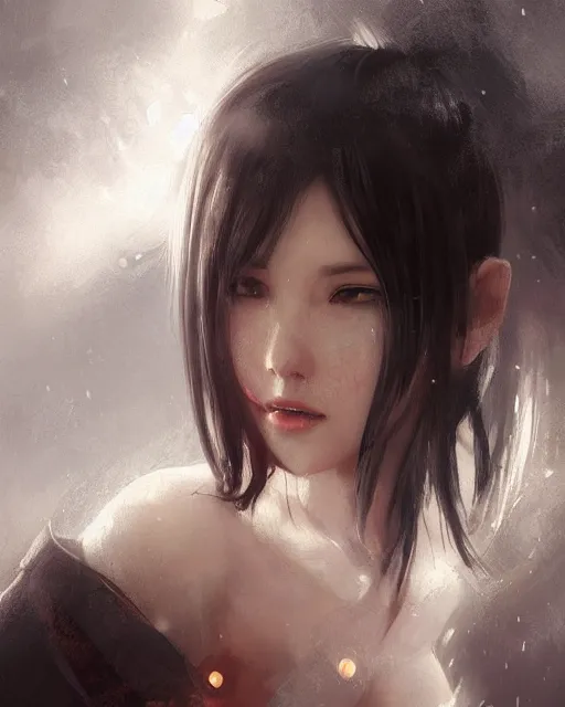 Image similar to beautiful tifa lockhart, face centered portrait, cottagecore, confident, fog, rain, volumetric lighting, soft light particles floating near her, illustration, perfectly shaded, oft painting, art by krenz cushart and wenjun lin