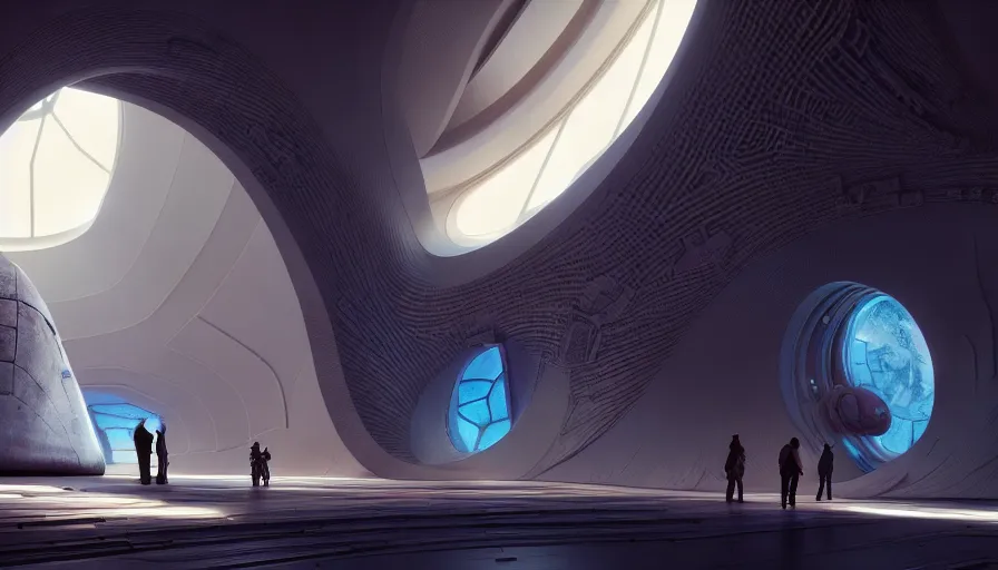 Image similar to the inside of a monument with space motifs, by tim blandin and arthur haas and bruce pennington and john schoenherr, big windows architecture by zaha hadid, octane render, cinematic, scenery, cgsociety, modernism, futuristic, trending on artstation, sci - fi, high detail, high quality, close up angle, people walking