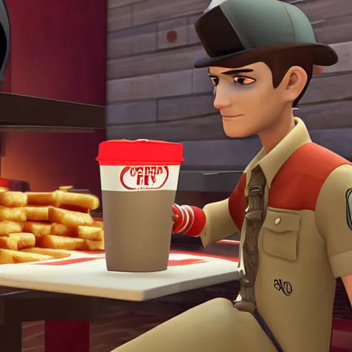 Image similar to scout from tf 2 orders chik - fil - a, highly detailed, cinematic lighting,