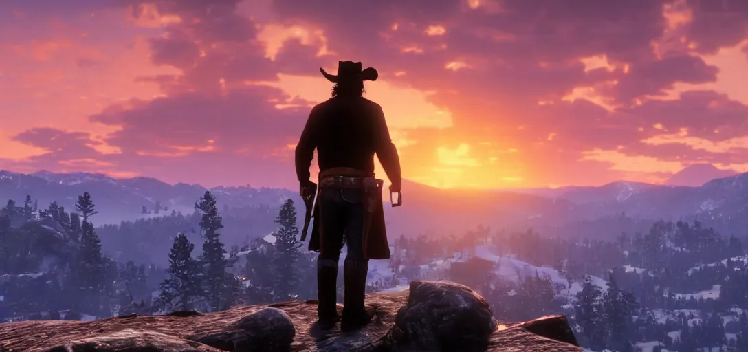 Image similar to Arthur Morgan from Red Dead Redemption 2 sitting at the top of a rocky mountain looking at a beautiful sunrise in the distance