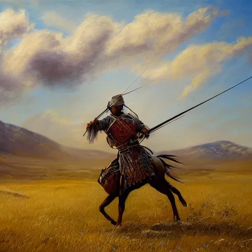 Prompt: detailed and perfect mongolian warrior with his bow, archery, from ancient lands of taran shooting arrows from his horse in the distance, mongolian gobi grass lands landscape, highly detailed, ultrawide lens, aerial painting, impressionism, chiaroscuro, painting by artemisia, dark background