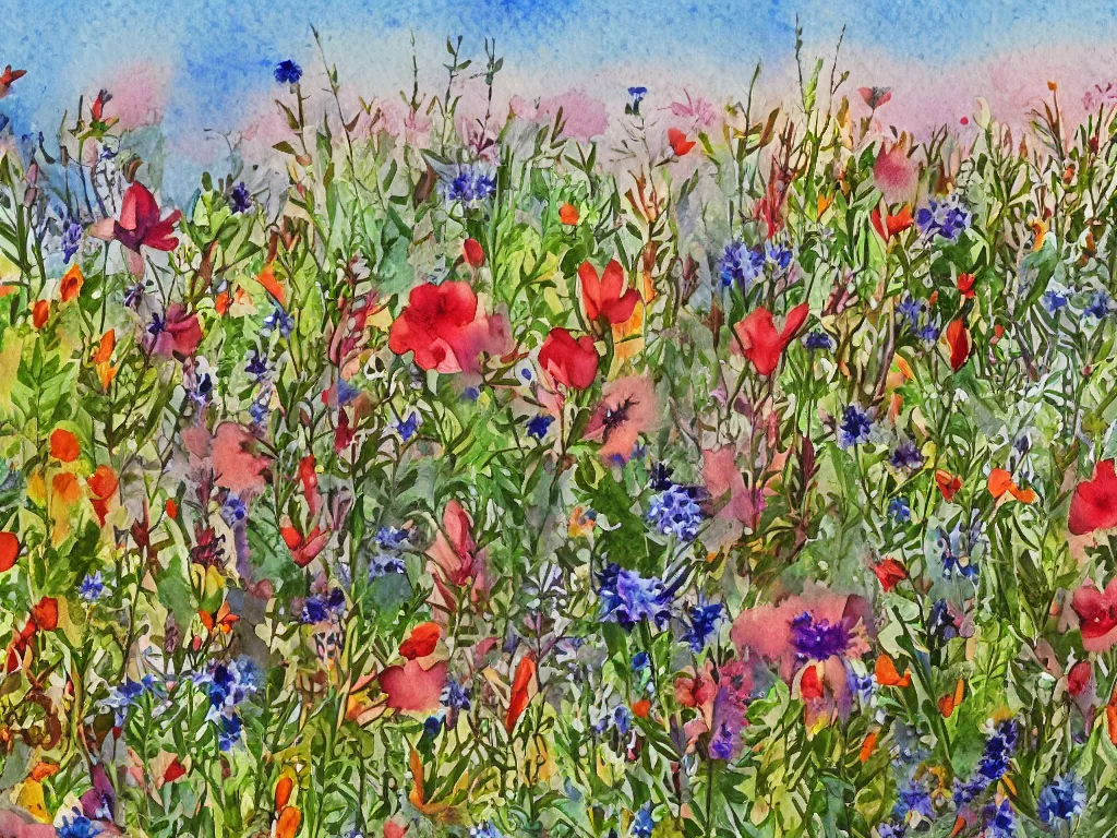 Prompt: a beautiful watercolor painting of wildflowers blooming in the sonoran desert, fantasy illustration