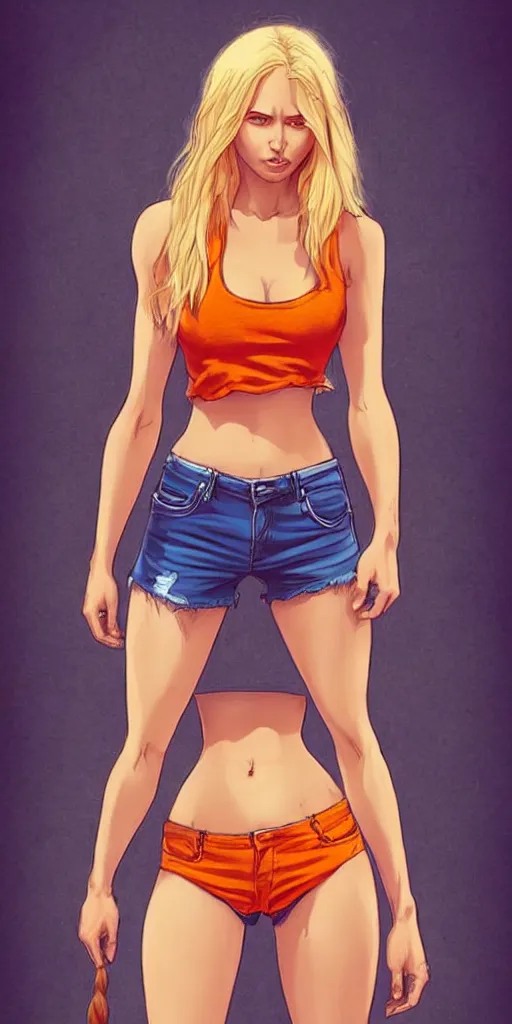 Image similar to a gorgeous hulking beast of a woman with very long hip-length blonde hair, wearing a cut-off white top and orange cut-off shorts standing by the water, in the style of artgerm and moebius and annie liebovitz, marvel comics, photorealistic, highly detailed, trending on artstation