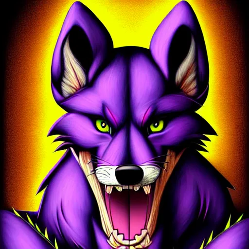 Image similar to digital art of an anthropomorphic muscular purple wolf, furry style, wearing jeans, deviant art, professional furry drawing, insanely detailed, artistic design, hyper detailed wolf - like face, doing a pose from jojo's bizarre adventure, detailed veiny muscles, exaggerated features, beautiful shading, huge spikey teeth, grinning, detailed face, colorful background