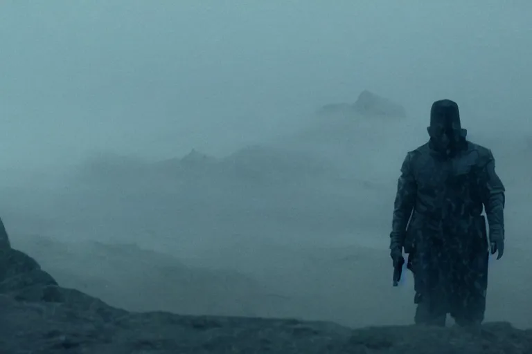 Image similar to still from bladerunner 2049 (2017) man wearing black tactical gear. mountain in background obscured by fog volumetric raining. green hill. Cyberpunk soldier holding rifle intimidating, reflective visor, emissive details. dark low exposure overcast skies.