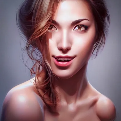 Image similar to a mouth a bit open, two eyes half closed, half a smile on her soul, a beautiful portrait on the wall. by artgerm and Rich Pritch