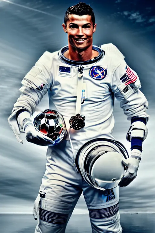 Image similar to portrait of cristiano ronaldo with astronaut armor and helmet, majestic, solemn