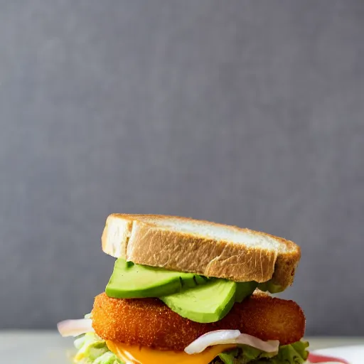 Image similar to sandwich with fried tofu, one red tomato slice, mayo, one white onion ring, avocado, melted cheddar, in a red dish, background with saturn and stars in the sky