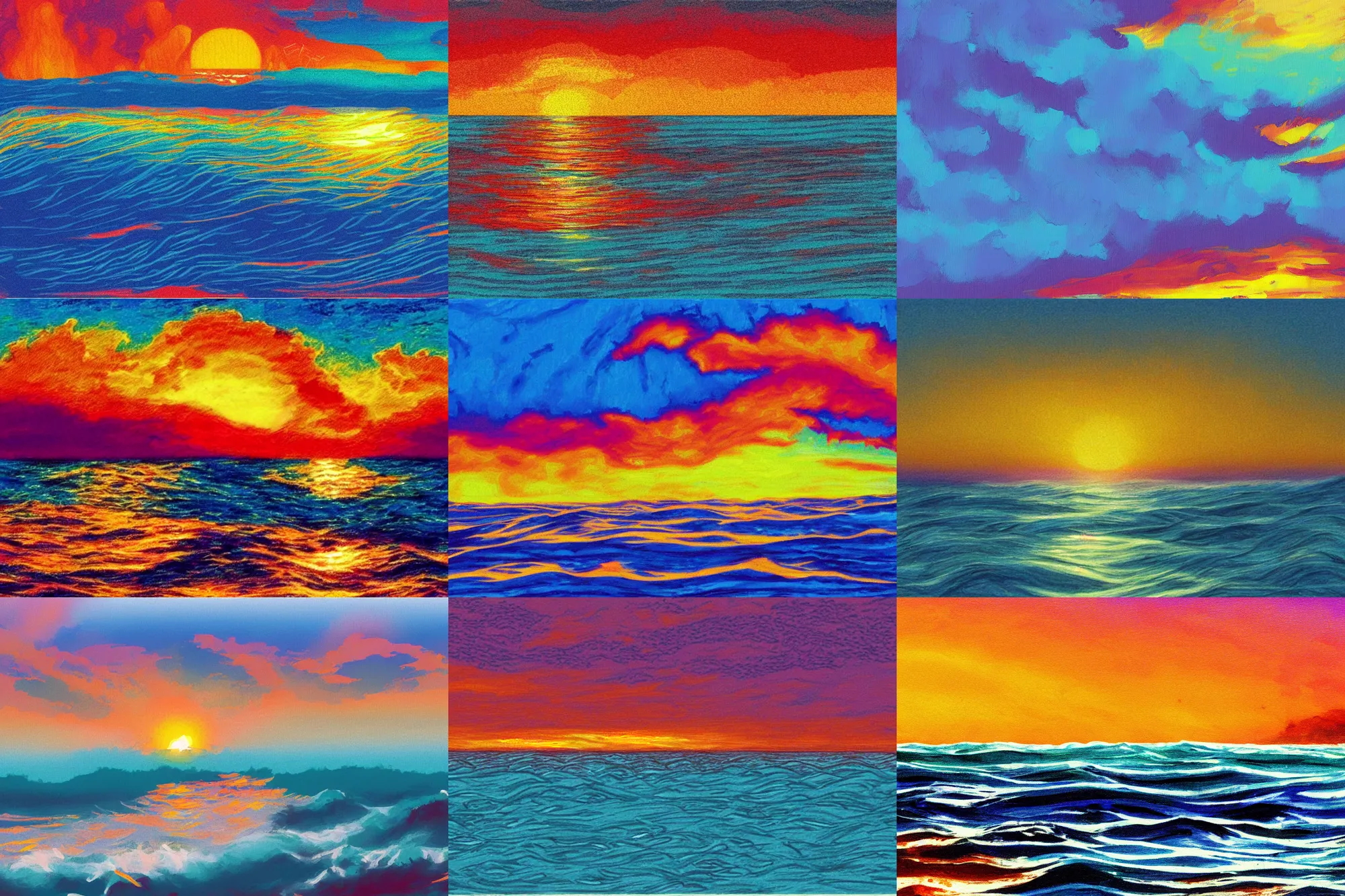 Prompt: sketch of an ocean in ms paint, sunset, 2 5 6 colours, trending on artstation, aqua water, dramatic clouds, 9 0 s, computer art, retro