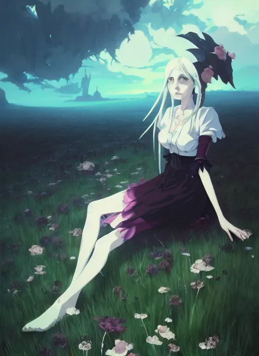 Image similar to portrait of gothic alice from wonderland, cloudy sky background lush landscape illustration concept art anime key visual trending pixiv fanbox by wlop and greg rutkowski and makoto shinkai and studio ghibli