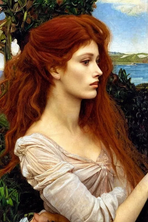 Image similar to a pre raphaelite painting of brigitte bardot, bored, looking at her rosegold macbook air by dante gabriel rossett