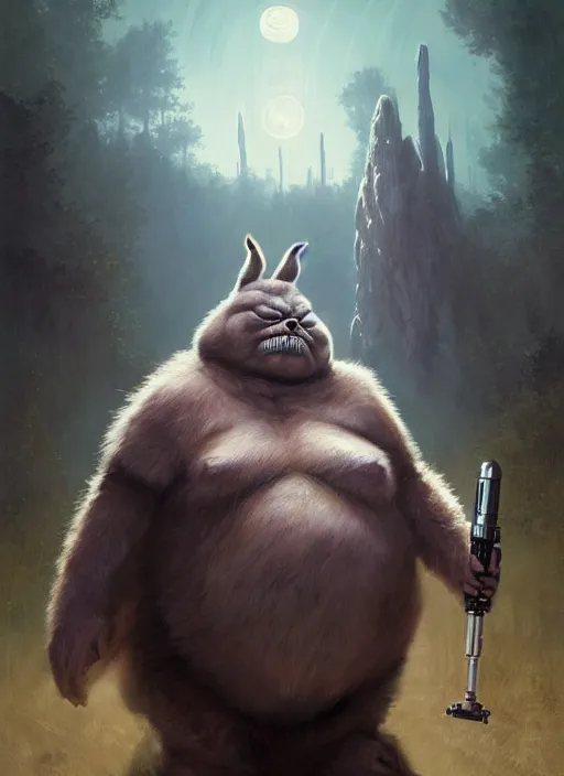 Image similar to hyper realistic, star wars, zoomed out portrait of a mega derpy big chungus, stoned, by greg rutkowski, scott m fischer, artgerm, loish, slight glow, atmospheric, anne stokes, alexandros pyromallis