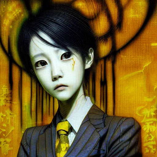 Image similar to yoshitaka amano blurred and dreamy realistic three quarter angle horror portrait of a sinister young woman with short hair and yellow eyes wearing office suit with tie, junji ito abstract patterns in the background, satoshi kon anime, noisy film grain effect, highly detailed, renaissance oil painting, weird portrait angle, blurred lost edges