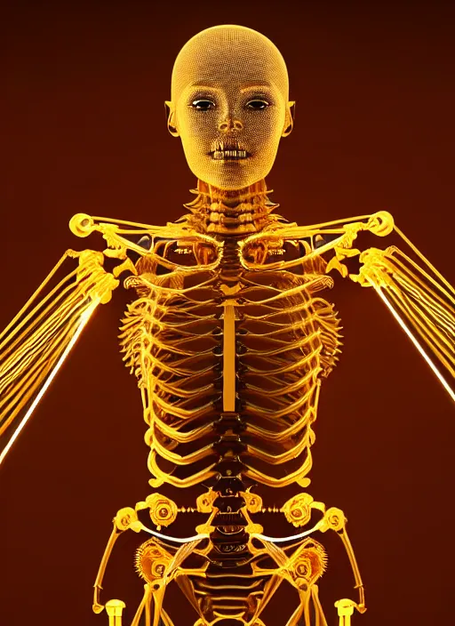 Image similar to full body rendering of a futuristic female golden mechanical skeleton with human face, wires, glowing internal light, hyperdetailed illustration by irakli nadar and alexandre ferra, intricate linework, faberge, intricate gold linework, dark atmosphere, unreal engine 5 highly rendered, global illumination, radiant light, detailed and intricate environment