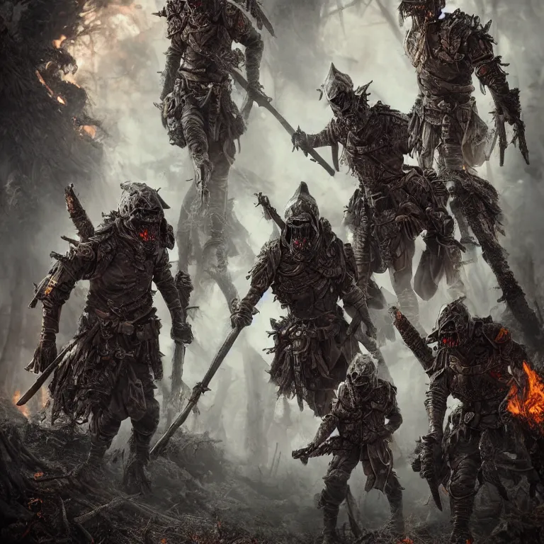 Prompt: undead armoured soldiers in burned forest full of smoke, fantasy style, highly detailed, smooth, sharp focus, character portrait, portrait, concept art, intricate details, medieval poster, dark athmosphere, 8 k. lifelike. nikon d 8 5 0