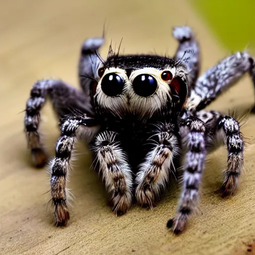 Prompt: jumping spider mixed with Owl, hybrid creature, cute, macro lens