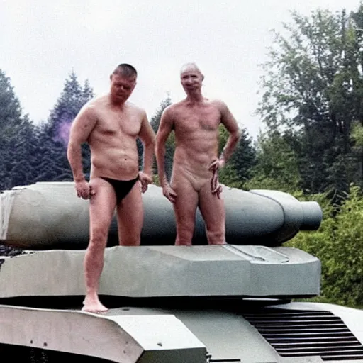 Prompt: photo of a shirtless dude standing next to putin on top of a tank, smoking a cigarette and drinking vodka