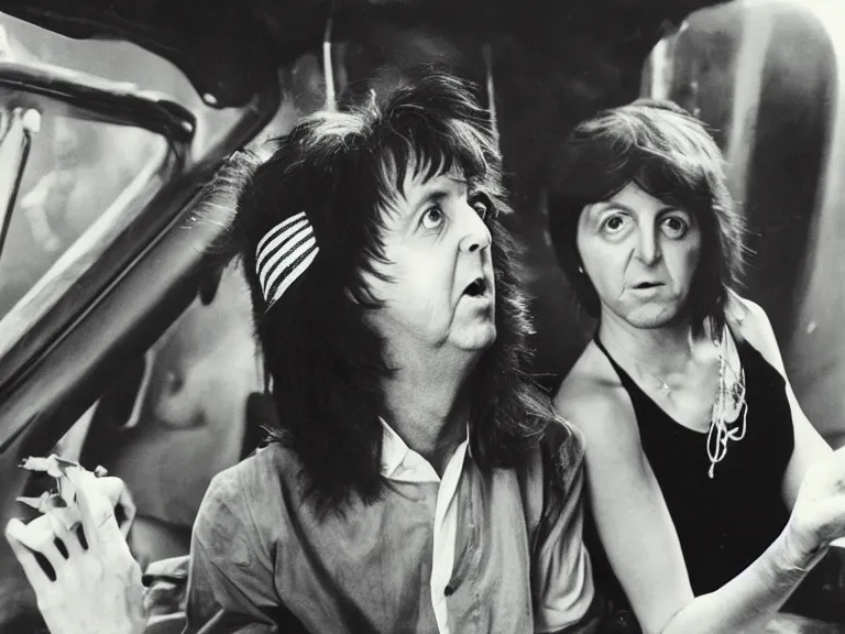 Prompt: a photo of Paul McCartney and Cleopatra high in speed by Annie Leibovitz