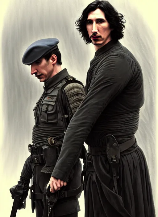 Image similar to painting of both john oliver and adam driver together, john oliver, adam driver, stoic, full body, military uniform, fantasy, intricate, elegant, beautiful, highly detailed, charcoal, centered, dark, smokey, digital painting, concept art, smooth, sharp focus, illustration, art by artgerm, art by greg rutkowski, art by alphonse mucha