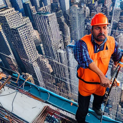 Prompt: closeup portrait of a construction worker with a fishing rod sitting on a metal beam high over new york city, photography