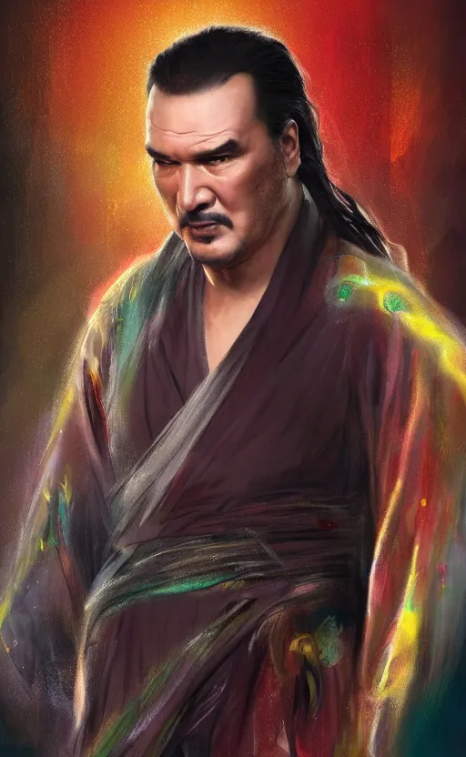 Image similar to steven seagal with wild hair and bright eyes. he's wearing a flowing kimono made of light, airy fabric and he has a mischievous look on his face, dynamic lighting, photorealistic fantasy concept art, trending on art station, stunning visuals, creative, cinematic, ultra detailed