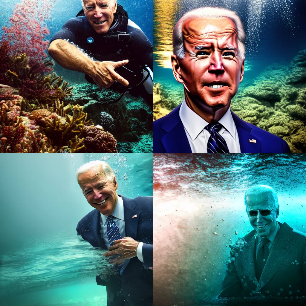 Prompt: photo joe biden underwater, beautiful lighting, 8 k, hdr