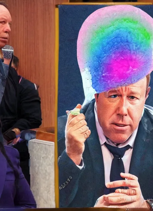 Prompt: a worn out alex jones takes the stand in court by lisa frank, realistic, 8k