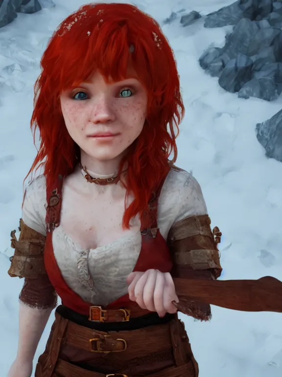 Image similar to portrait art of red - haired halfling bard 2 1 year old!! freckles!!, 8 k ultra realistic, atmosphere, glow, detailed, intricate, full of colour, cinematic lighting, trending on artstation, 4 k, hyperrealistic, focused, extreme details, unreal engine 5, cinematic, masterpiece