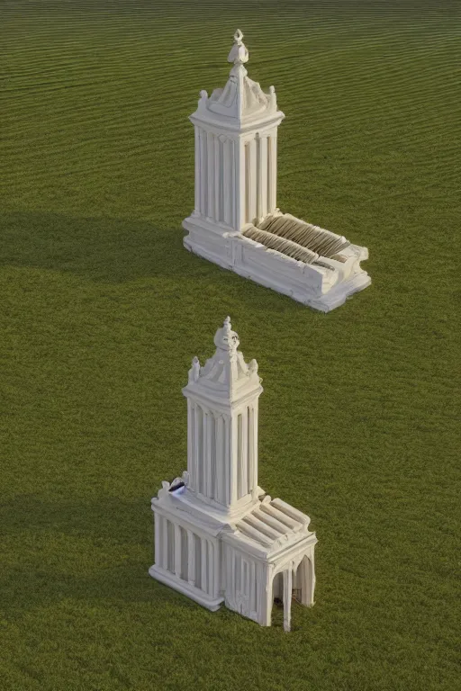 Image similar to a detailed modeling of an isolated lonely large porcelain pipe organ in the middle of a field, intertwined with a lone stone column, trending on artstation, render, 3 d, octane, 4 k, 8 k, unreal engine, cinema 4 d, baroque, art deco, brutalism