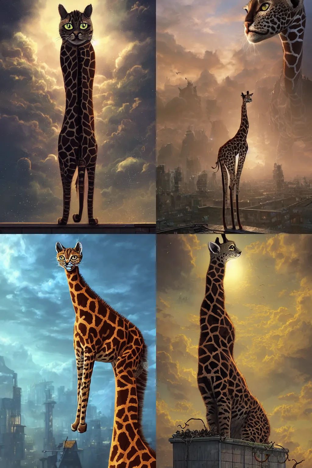 Prompt: a cat as giraffe standing on the rooftop, big giraffe, fantasy, illustration, intricate, epic lighting, cinematic composition, hyper realistic, 8 k resolution, by artgerm, tooth wu, dan mumford, beeple, wlop, rossdraws, james jean, andrei riabovitchev, marc simonetti, yoshitaka amano, artstation