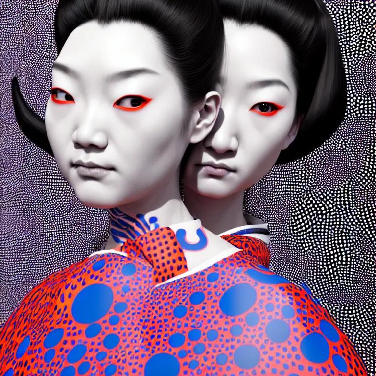 Image similar to hyperrealistic detailed image of a geisha in a art installation room, hd smooth interior by yayoi kusama, part by kei mieno, part by ross tran, dark art by james jean, ultra realistic, highly detailed, life like face, detailed body, 8 k, 3 d render by roger magrini, masterpiece