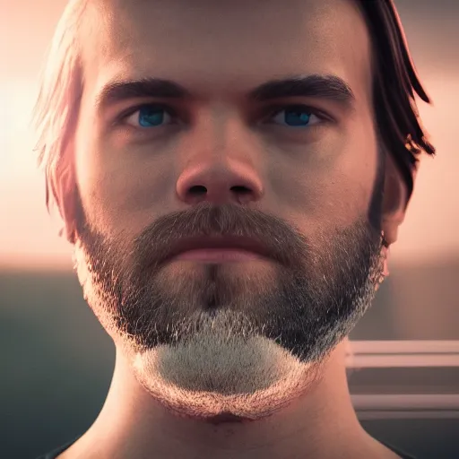 Prompt: Portrait of PewDiePie, splash art, movie still, cinematic lighting, dramatic, octane render, long lens, shallow depth of field, bokeh, anamorphic lens flare, 8k, hyper detailed, 35mm film grain