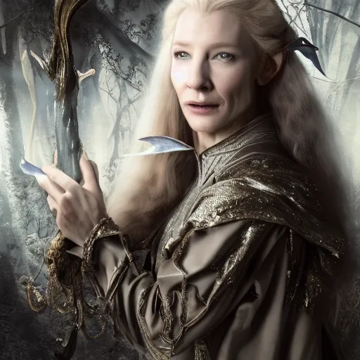 Prompt: portrait of dangerous, playful, mischievous young Galadriel (Cate Blanchett) as a queen of elves, dressed in a refined silvery garment. The background is a dark, chilling eastern europen forrest. night, horroristic shadows, contrasts, (((lumnious))), theatrical, character concept art by ruan jia, thomas kinkade, and J.Dickenson, trending on Pinterest