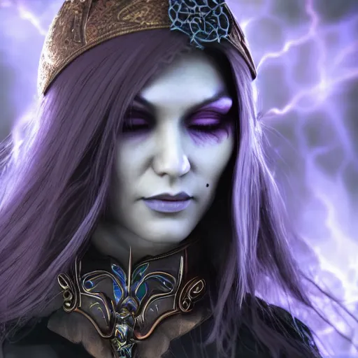 Image similar to beautiful dark sorceress female, 3d render, cinematic shot, hyper realistic
