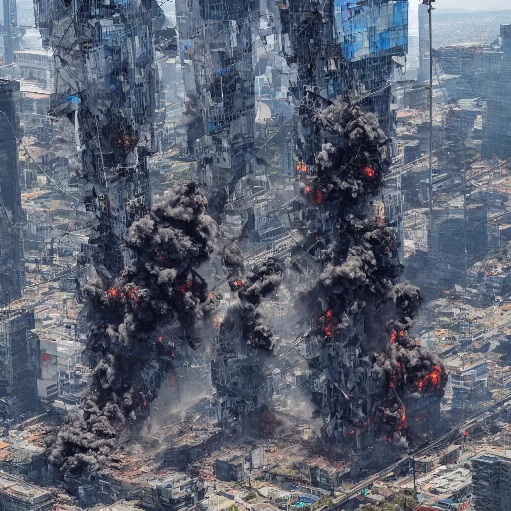 Image similar to torre entel chile being destroyed by protesters, cyberpunk, high detail